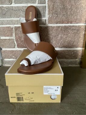 Michael Kors Luggage Brown Leather Toe-Loop Slide Sandals